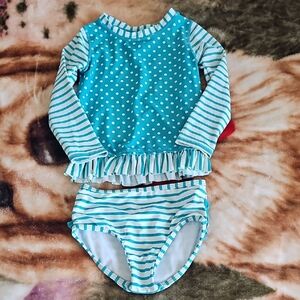 Ruffle Butts Teal & White Polka Dot Ruffle Rashguard Swim Set Size 3T